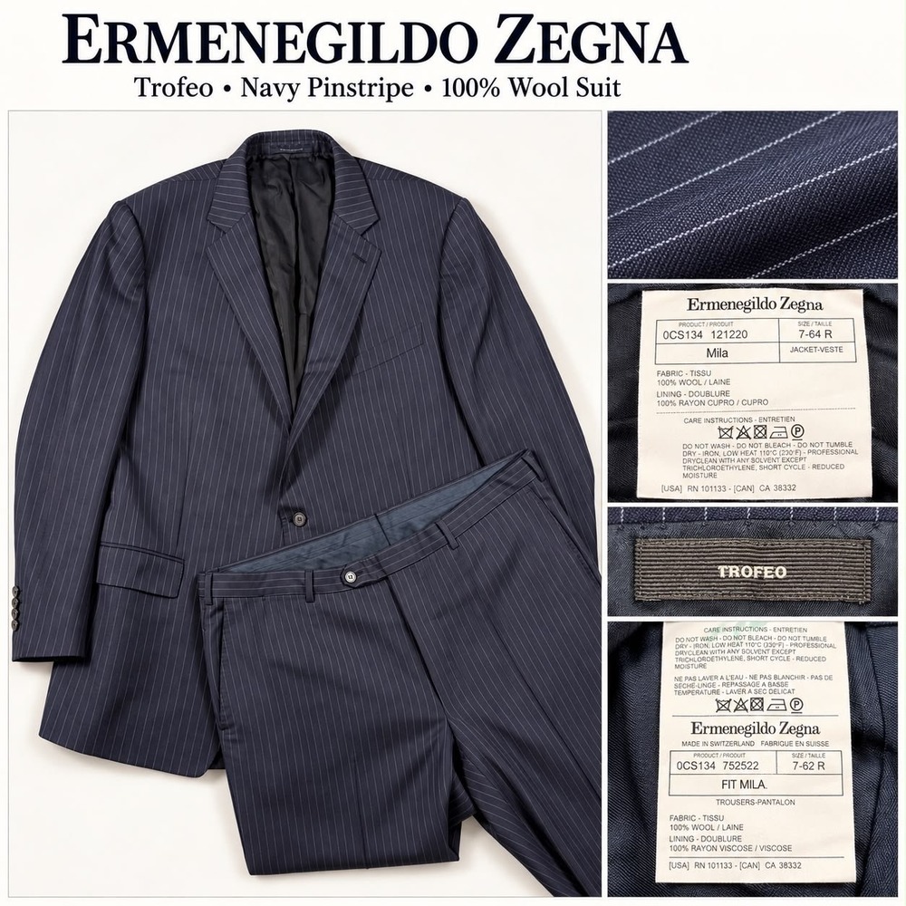 Ermenegildo Zegna Suit 2 PC Men 54R Navy Blue Pinstripe Trofeo Wool Mila 44x31